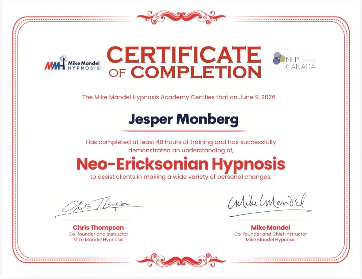 Certifikat i Neo-Ericksonian Hypnosis fra The Mike Mandel Hypnosis Academy, udstedt til Jesper Monberg 9. juni 2026