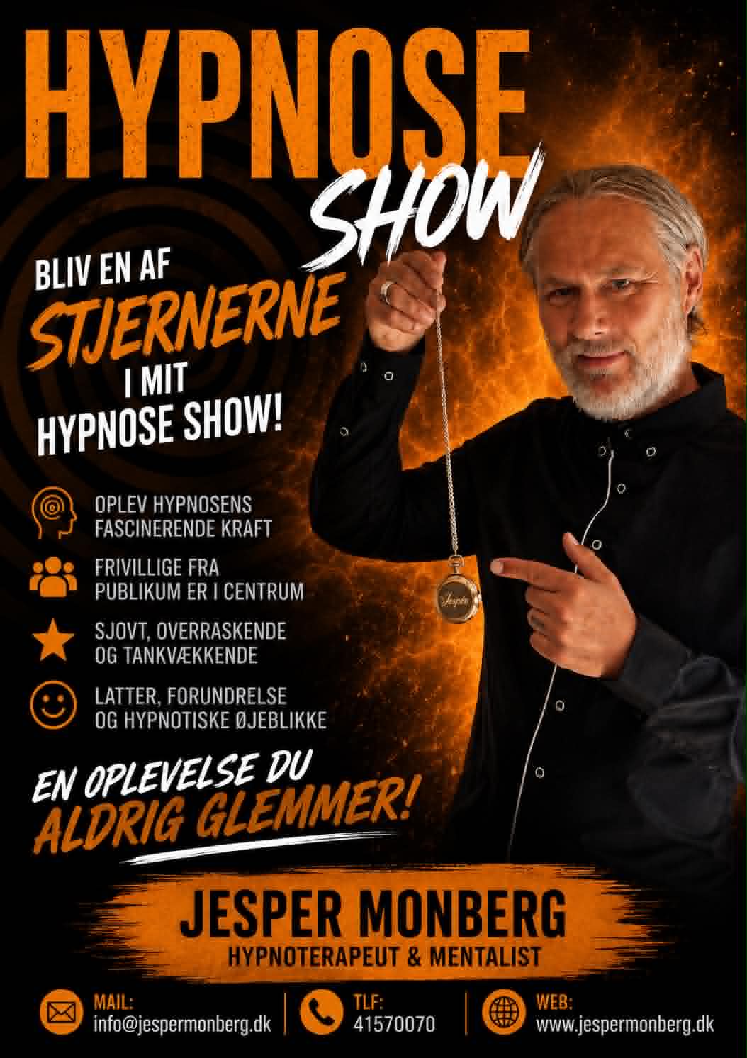 Plakat for Hypnose Show med Jesper Monberg – En oplevelse du aldrig glemmer